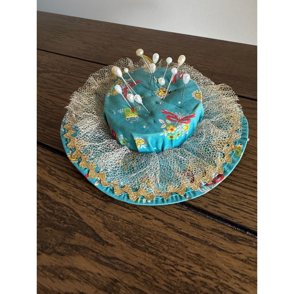 Vintage Pin cushion Handmade 6in Turquoise Vintage Hat Floral Lace Trim